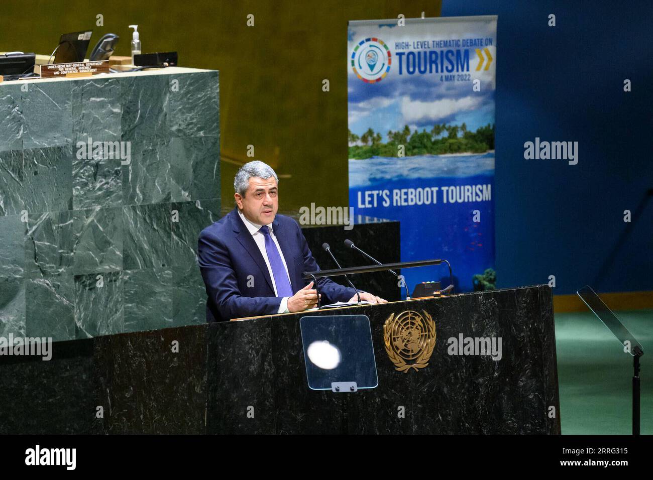 220505 -- UNITED NATIONS, May 5, 2022 -- Zurab Pololikashvili, chief of the World Tourism Organization, addresses the General Assembly high-level thematic debate on sustainable tourism at the UN headquarters in New York, May 4, 2022. TO GO WITH Roundup: UN meets to help reverse tourism slump /UN Photo/Handout via Xinhua UN-GENERAL ASSEMBLY-DEBATE-TOURISM SLUMP LoeyxFelipe PUBLICATIONxNOTxINxCHN Stock Photo