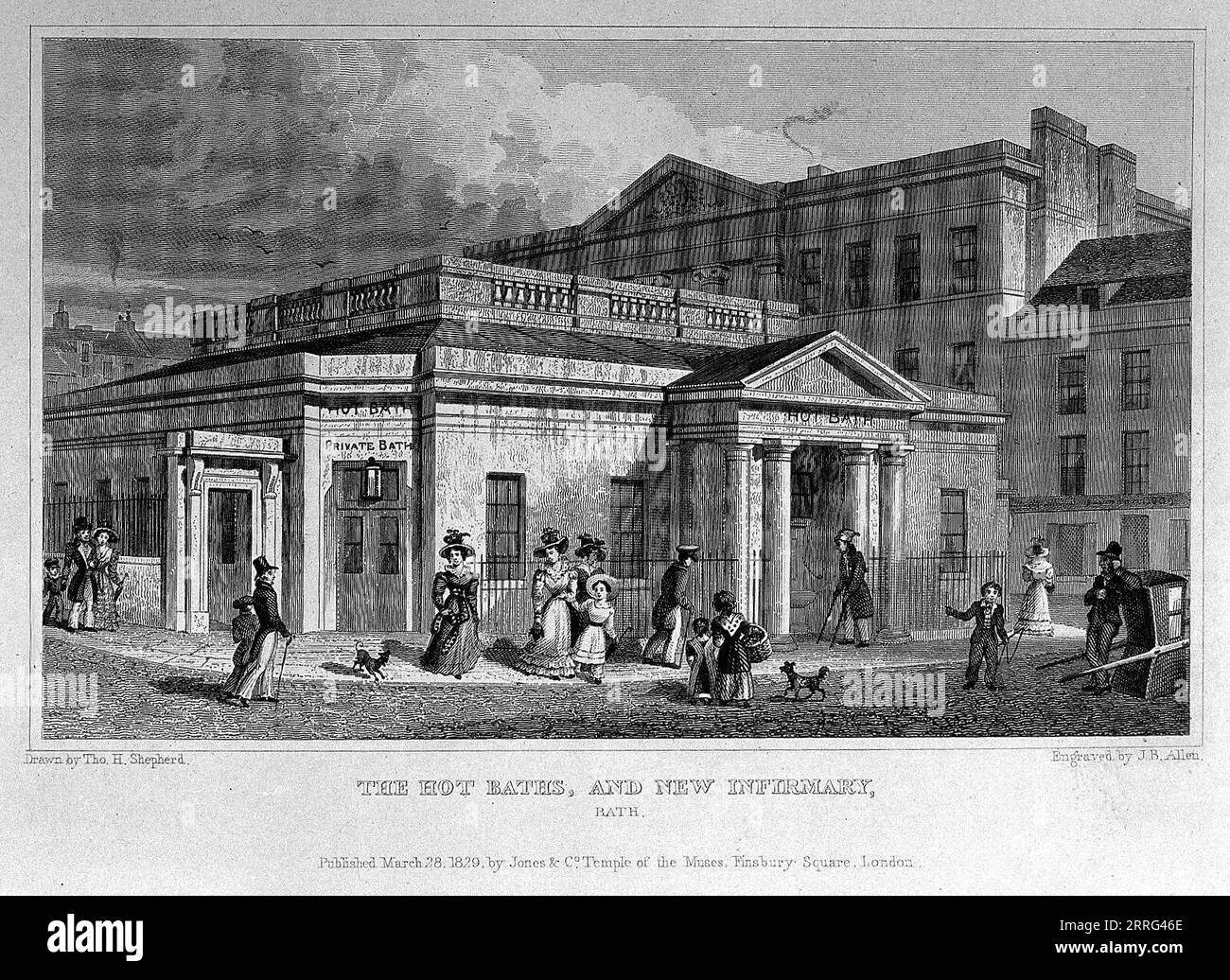 The Hot baths and New infirmary, Bath. Steel engraving by J.B. Allen 1829 after Thomas Hosmer Shepherd. Stock Photo