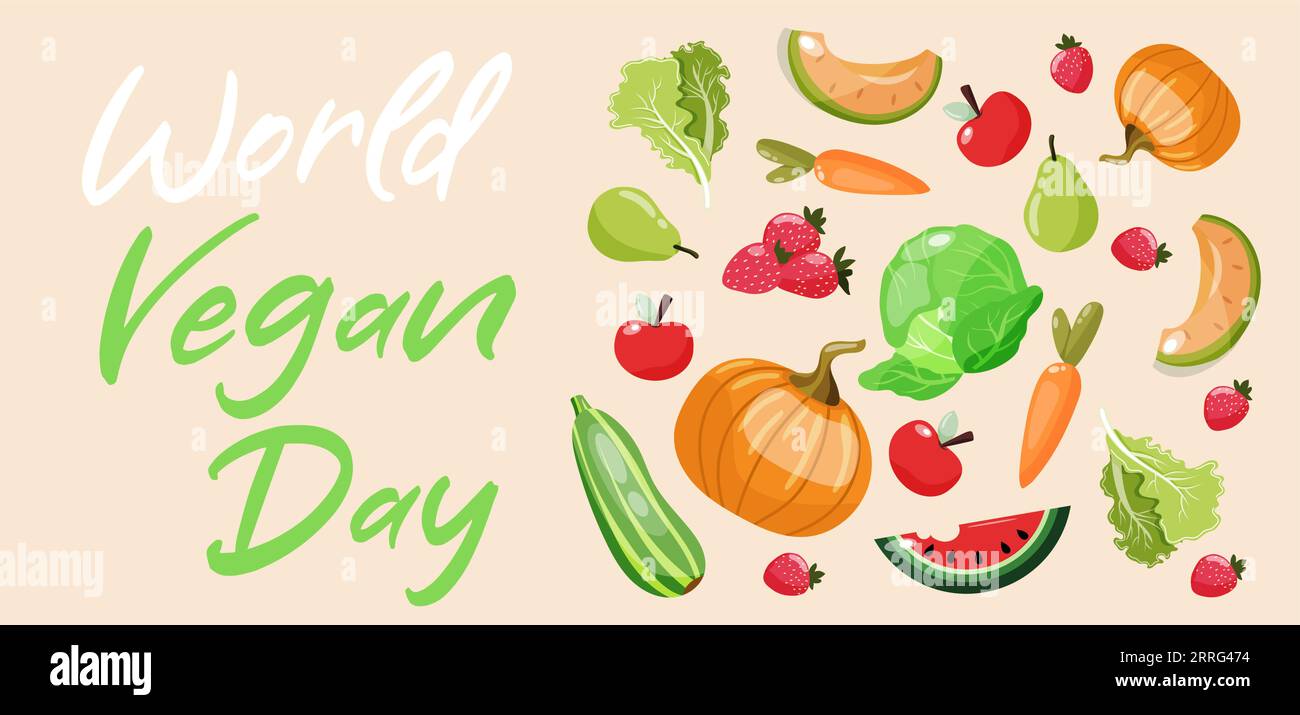 World vegan day banner with colourful fruits and vegetables Stock ...