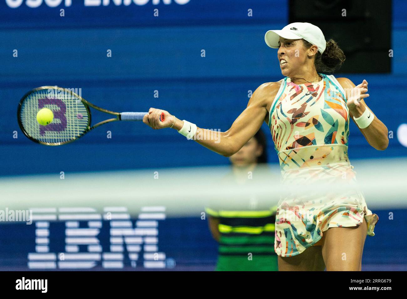 Madison Keys of USA returns ball during semifinal round against Aryna