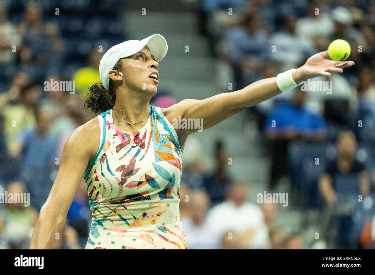Madison Keys of USA serves during semifinal round against Aryna