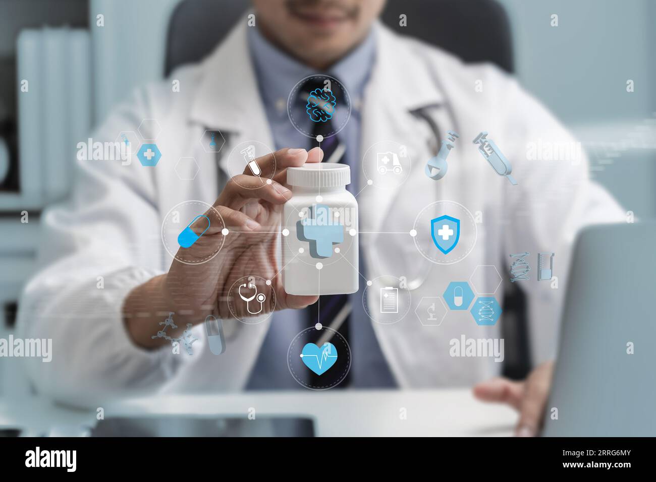 Healthcare doctors touch electronic medical data, diagnosis information, medical technology, and futuristic Stock Photo