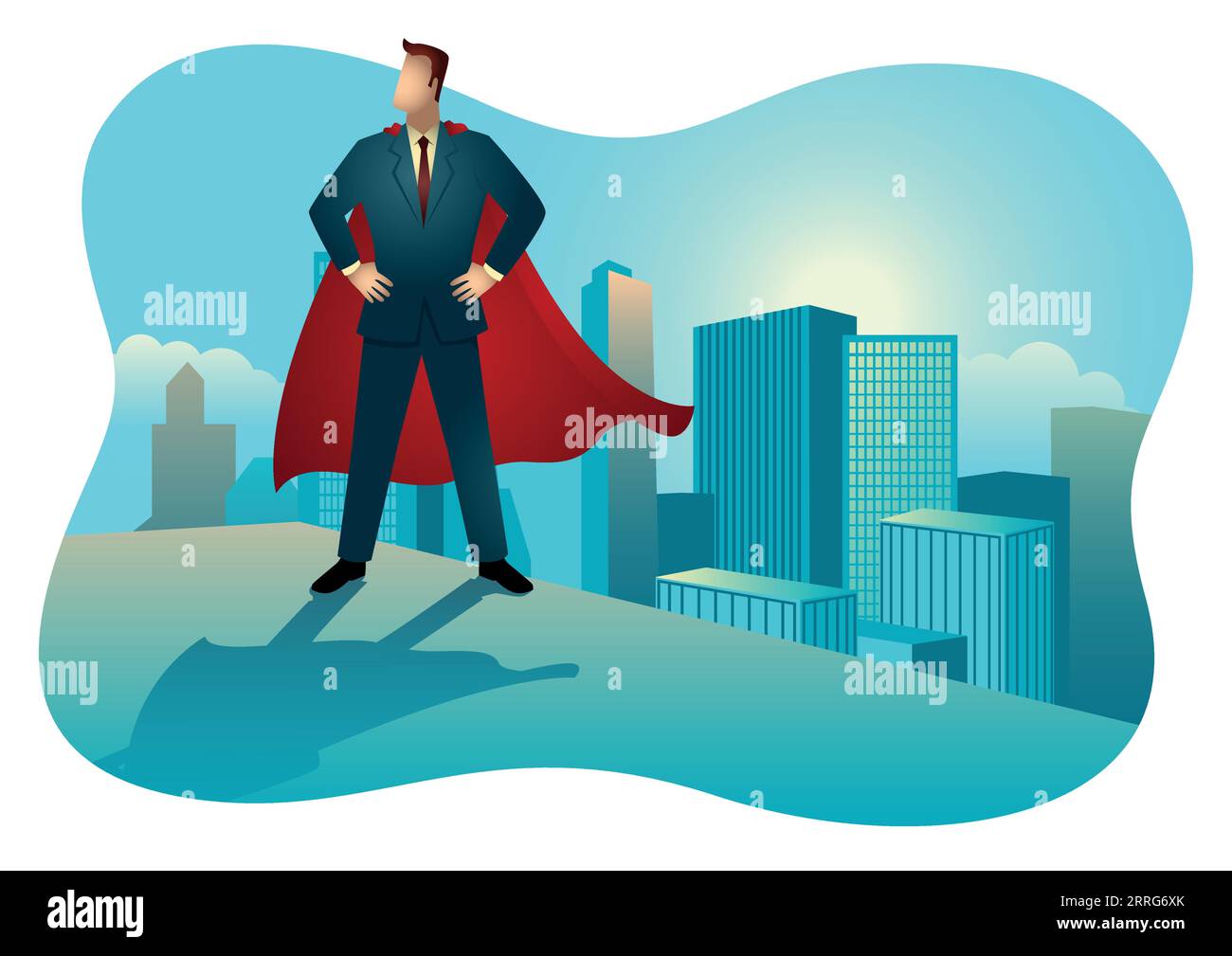 Business concept illustration of  superhero businessman standing on the rooftop of a high building. Concept for success, motivation in business Stock Vector