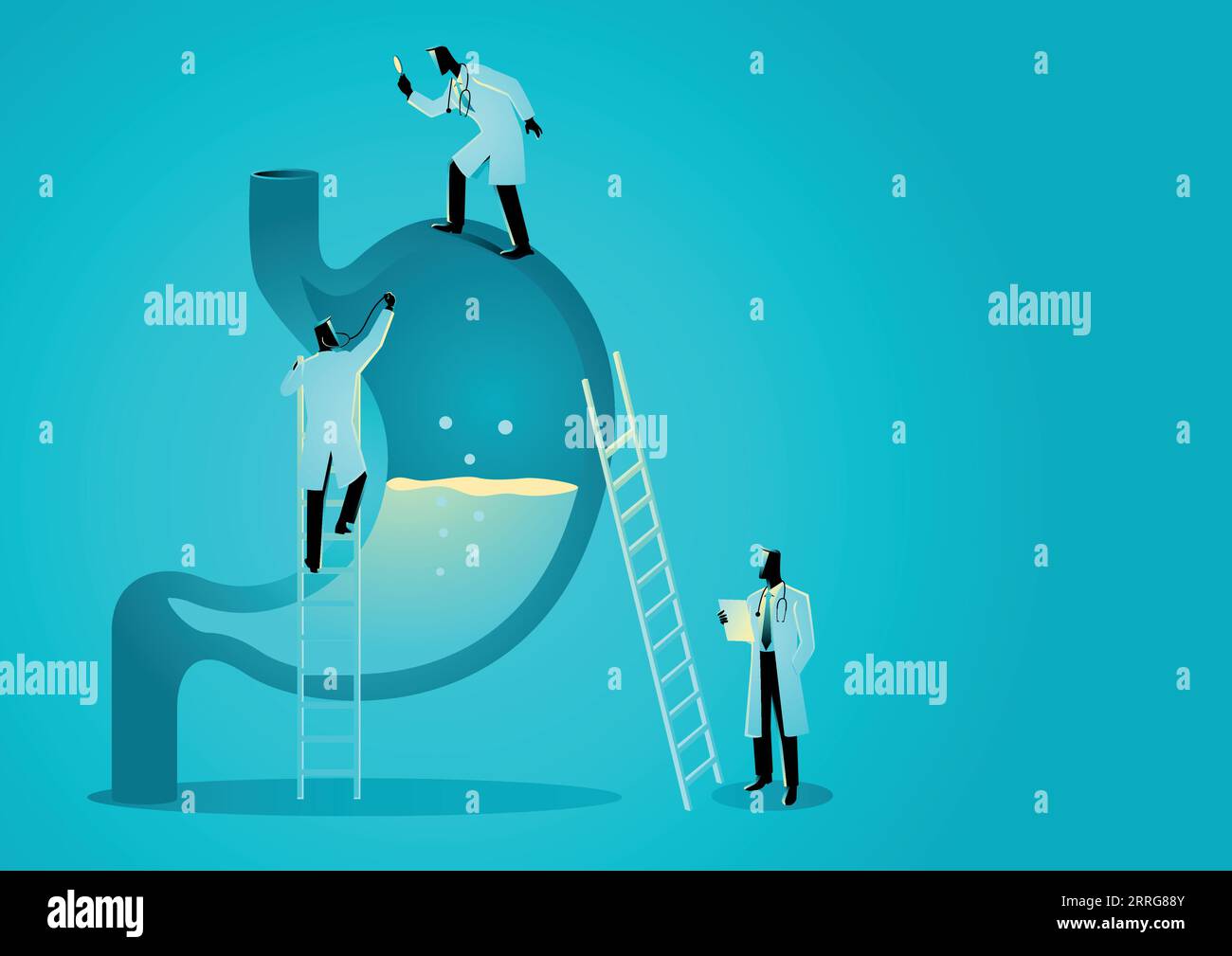 Vector graphic illustration of team of doctors diagnose human stomach