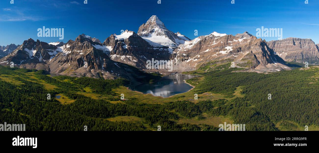Aerial photograph of Mount Assiniboine located on the Great Divide, on the British Columbia/Alberta border in Canada. Stock Photo