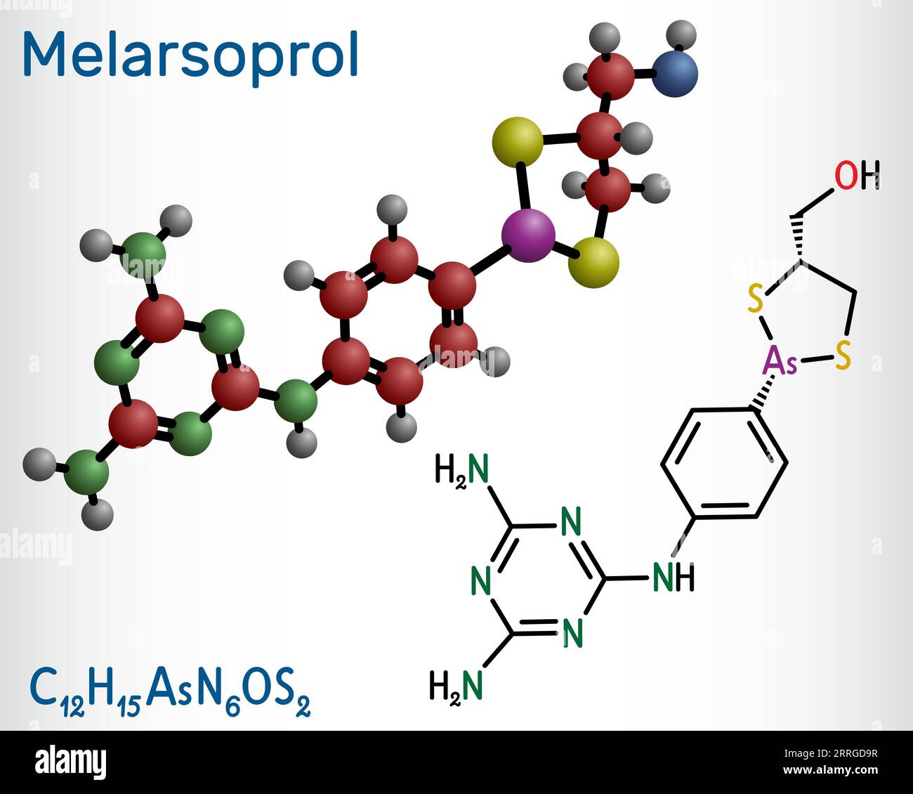 Melarsoprol drug molecule. Used to treat African sleeping sickness or African trypanosomiasis. Structural chemical formula and molecule model Stock Vector