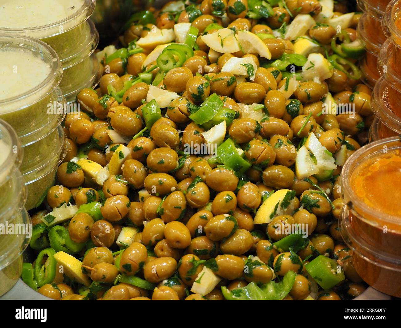citrus-marinated Israeli green olives Stock Photo
