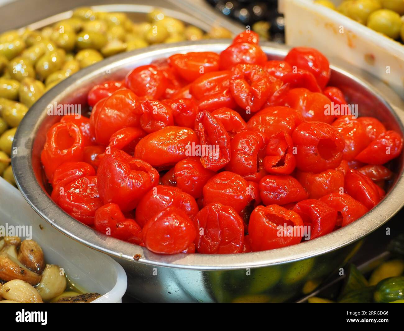 Peppadew pickled sweet and spicy peppers in the Jerusalem Market Stock Photo