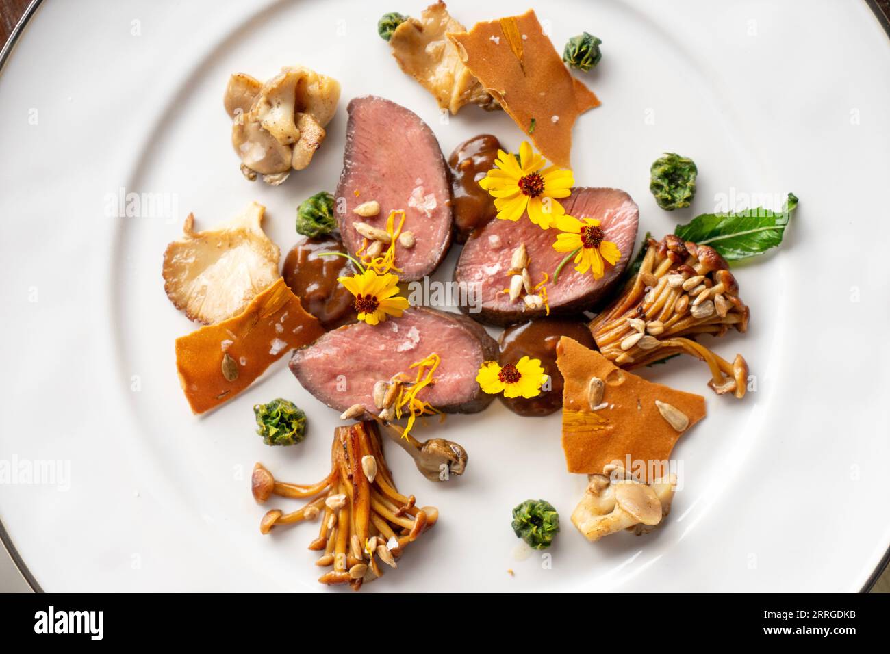 Plated dish of wild game and foraged mushrooms Stock Photo