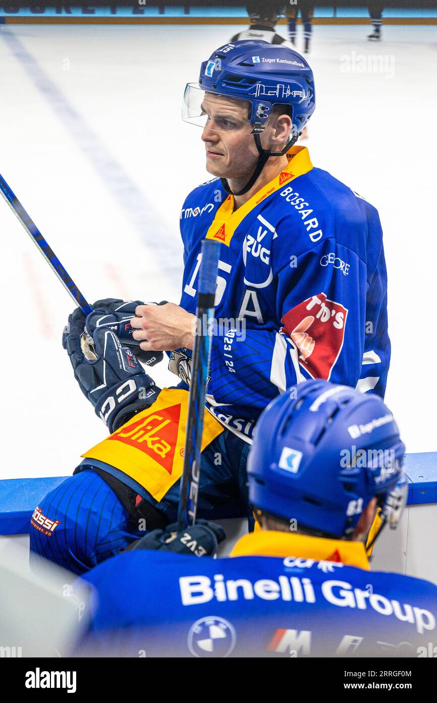 Gregory Hofmann #15 (EV Zug) during the National League preparation ice hockey game between EV Zug and SC Bern on September 7th, 2023 in the Bossard Arena in Zug