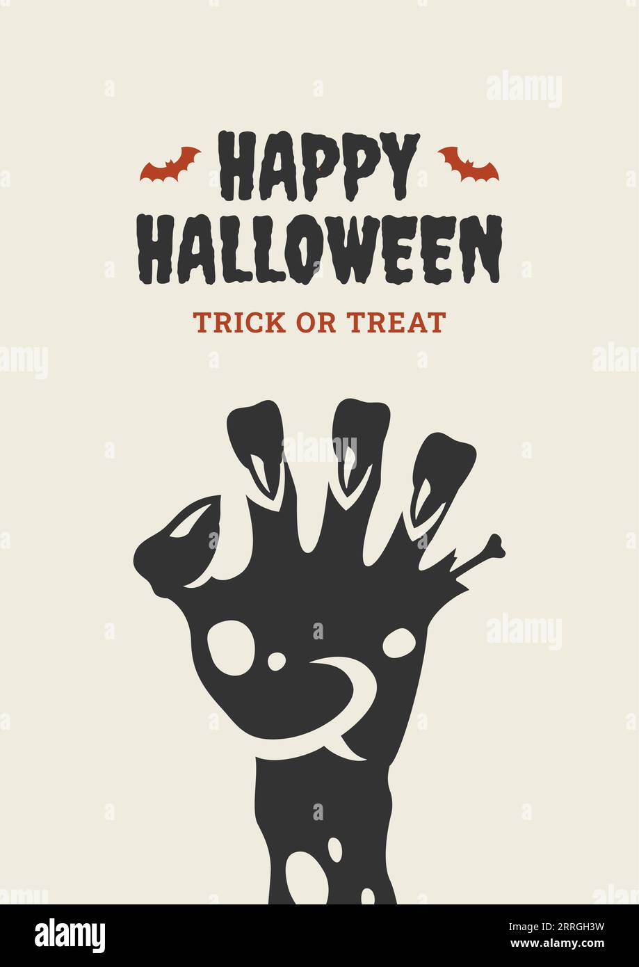 Happy Halloween trick or treat retro poster party flyer t shirt print design template vector flat illustration. Creepy monster skeleton hand with claw Stock Vector