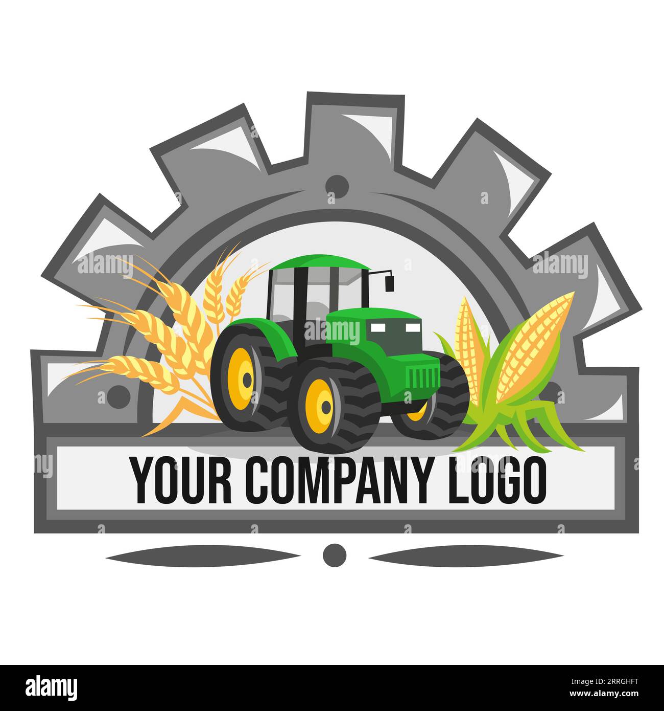 Logo for agriculture company. Green tractor with wheat and corn inside half of cogwheel Stock Vector