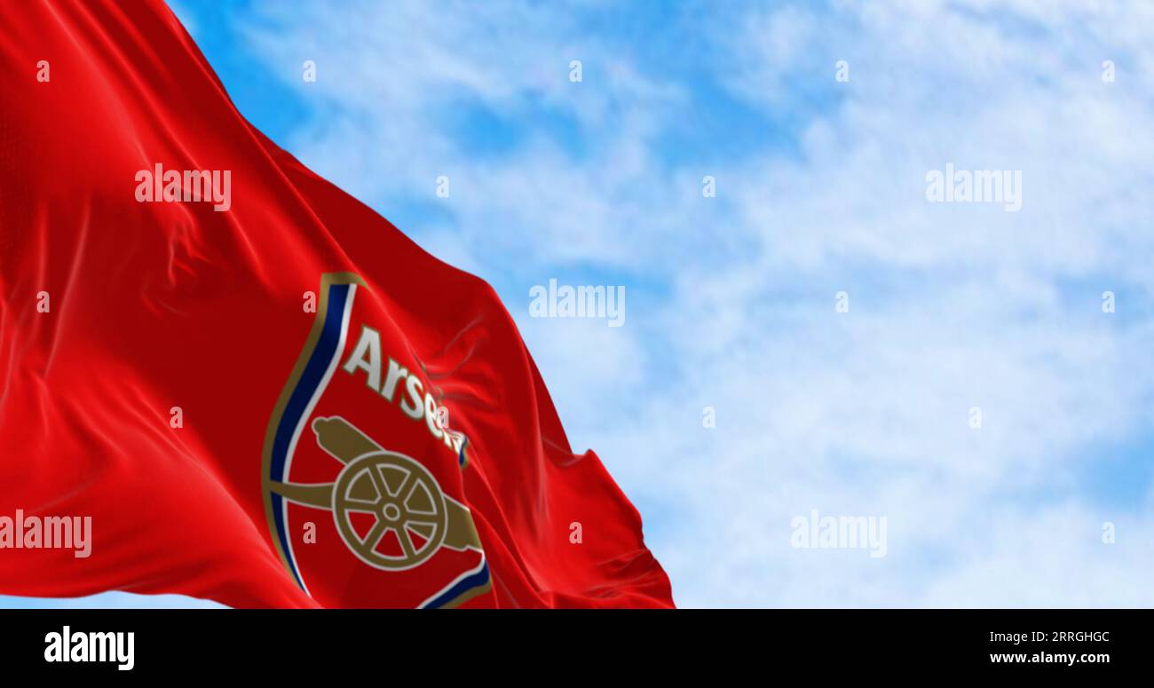 London, UK, august 20 2023: Arsenal Football Club flag waving on a clear day. English professional football club. Illustrative editorial 3d illustrati Stock Photo