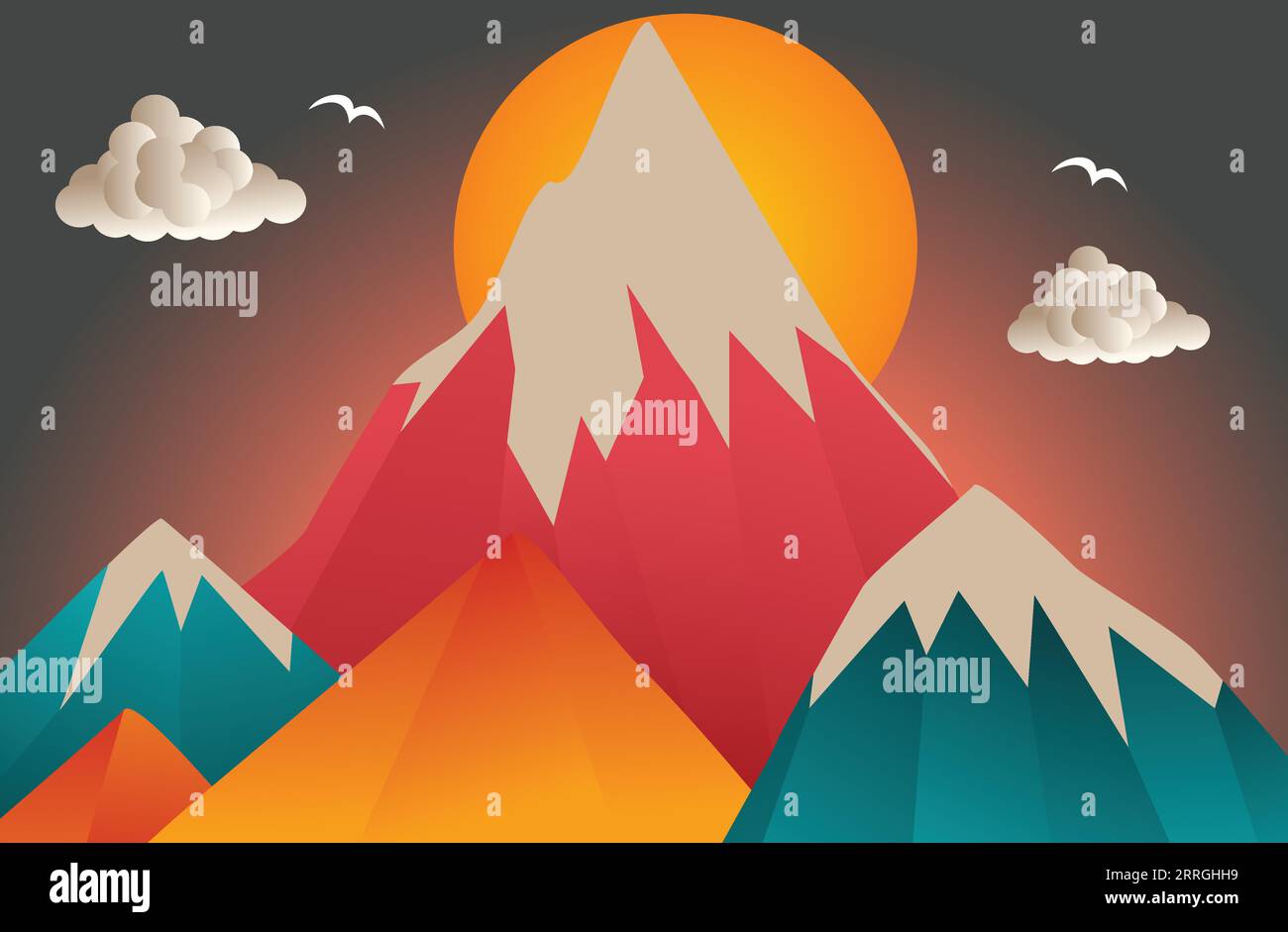 Mountain and sun background with cloudy and birds in the sky Stock ...