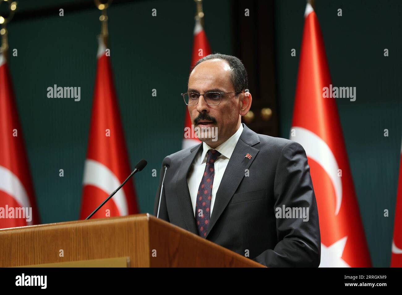 220525 -- ANKARA, May 25, 2022 -- Turkish presidential spokesperson Ibrahim Kalin speaks at a press conference after Turkey s talks with Sweden and Finland in Ankara, Turkey, on May 25, 2022. Turkey has set out conditions for the Swedish and Finnish delegations to earn its support over the two Nordic countries bids to join the North Atlantic Treaty Organization NATO, Turkish presidential spokesperson Ibrahim Kalin said on Wednesday. TURKEY-ANKARA-SWEDEN-FINLAND-NATO MEMBERSHIP-TALKS XinxHua PUBLICATIONxNOTxINxCHN Stock Photo
