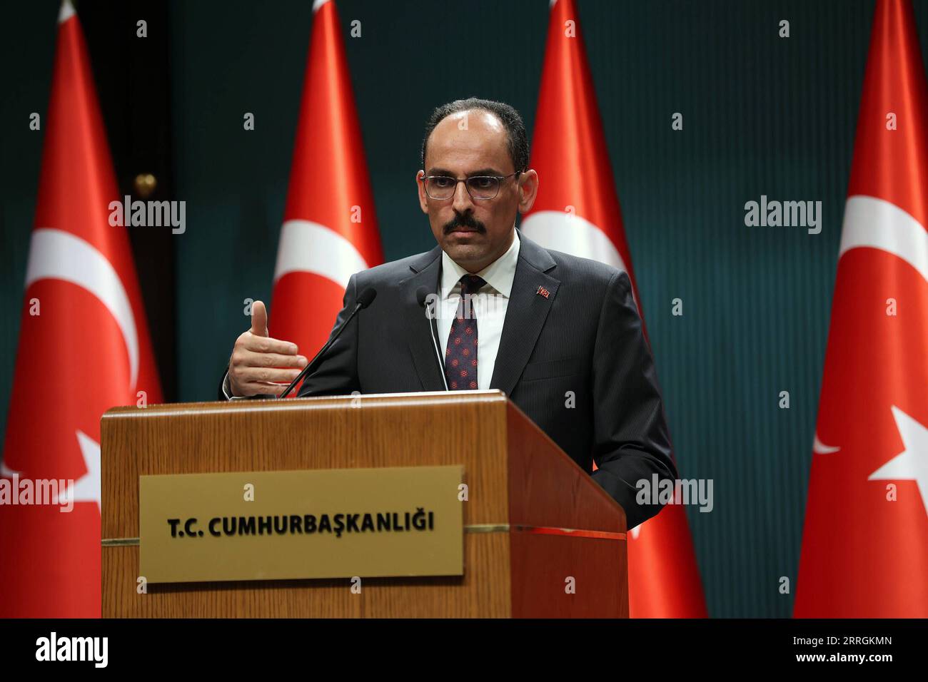 220525 -- ANKARA, May 25, 2022 -- Turkish presidential spokesperson Ibrahim Kalin speaks at a press conference after Turkey s talks with Sweden and Finland in Ankara, Turkey, on May 25, 2022. Turkey has set out conditions for the Swedish and Finnish delegations to earn its support over the two Nordic countries bids to join the North Atlantic Treaty Organization NATO, Turkish presidential spokesperson Ibrahim Kalin said on Wednesday. TURKEY-ANKARA-SWEDEN-FINLAND-NATO MEMBERSHIP-TALKS XinxHua PUBLICATIONxNOTxINxCHN Stock Photo
