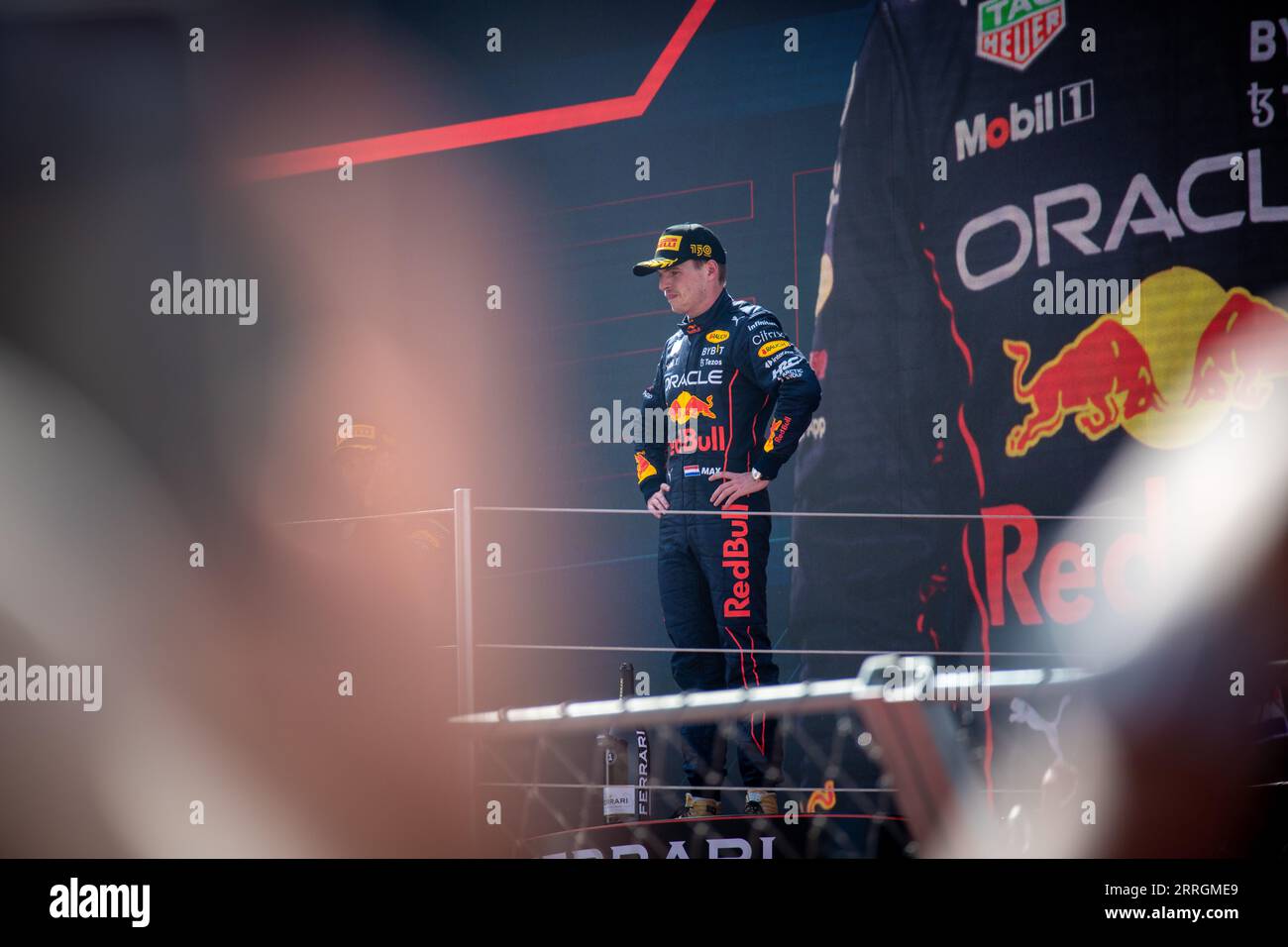 Max Verstappen on the podium, reveling in his first-place finish at the Spanish Grand Prix. Stock Photo