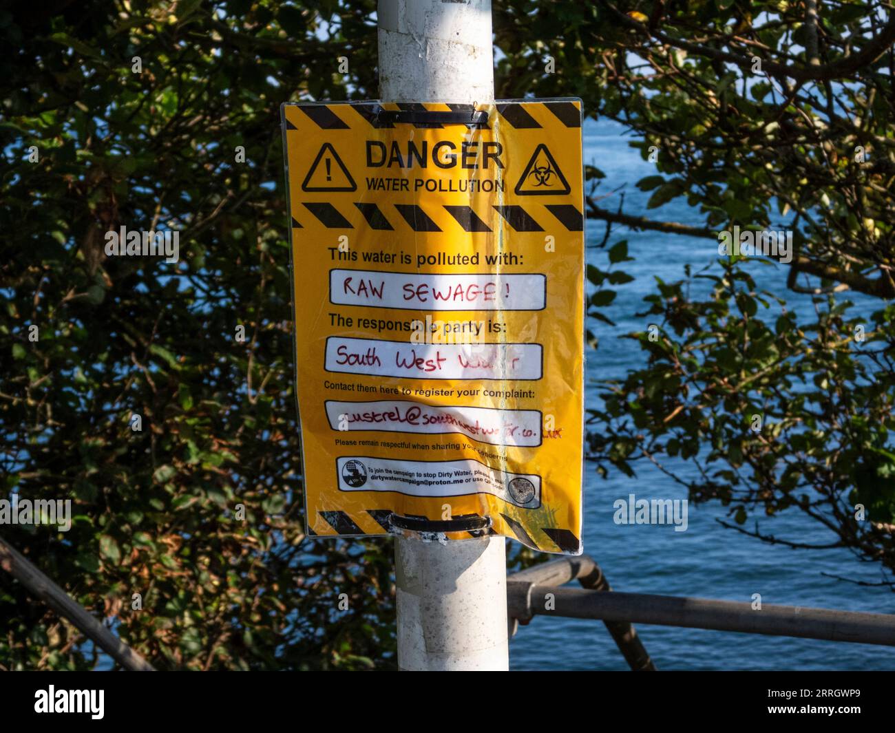 Plymouth, Devon, UK. September 2023. Danger water pollution notice, raw sewage incident between