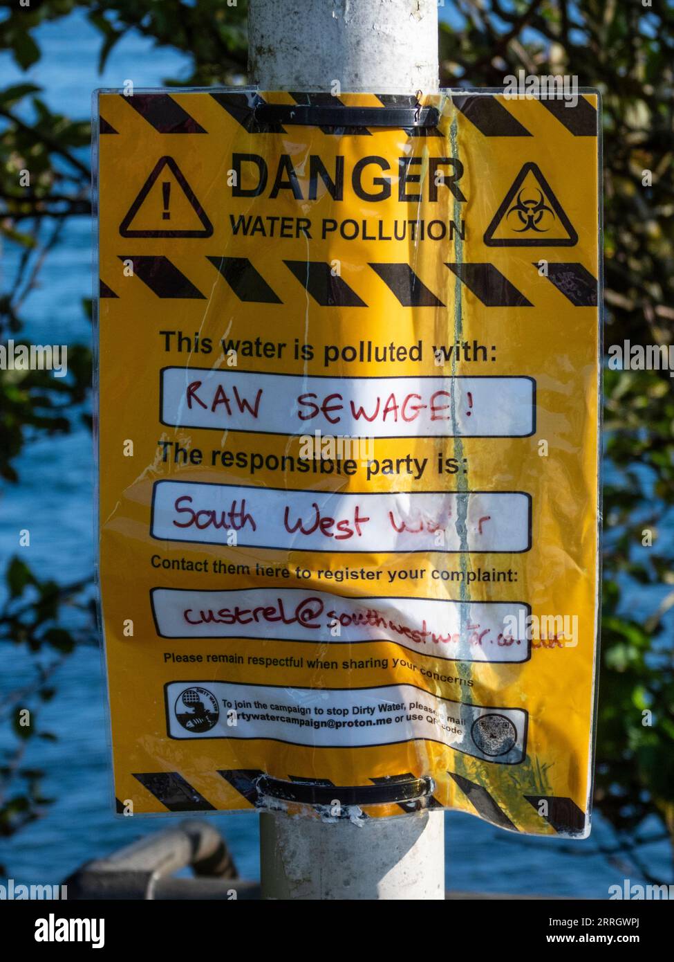 Plymouth, Devon, UK. September 2023. Danger water pollution notice, raw sewage incident between
