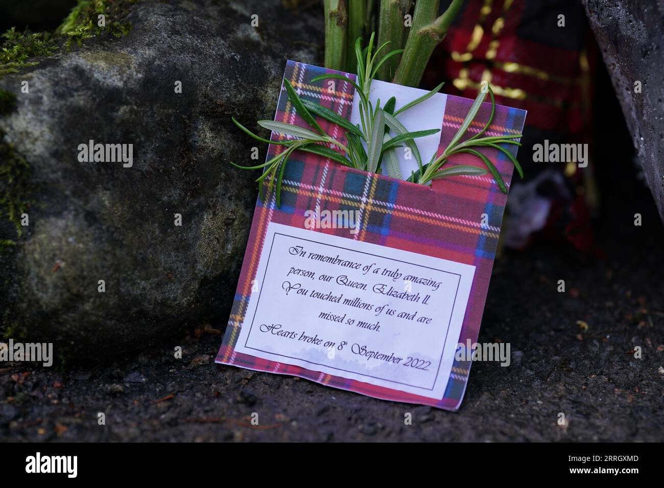 Floral tributes left outside the gates of Balmoral Castle to mark the first anniversary of the death of Queen Elizabeth II. Picture date: Friday September 8, 2023. Stock Photo
