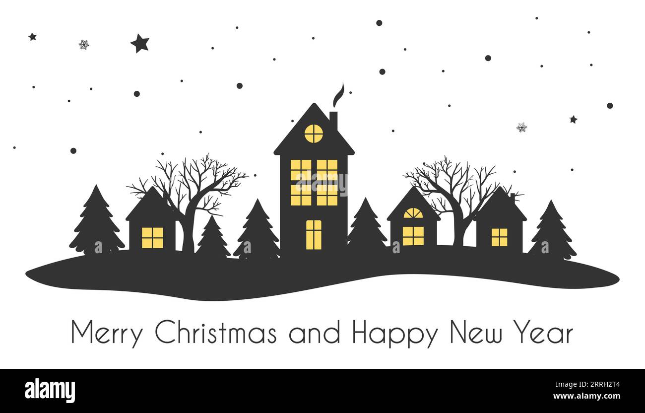 Winter village. Christmas background with houses, trees and snowfall