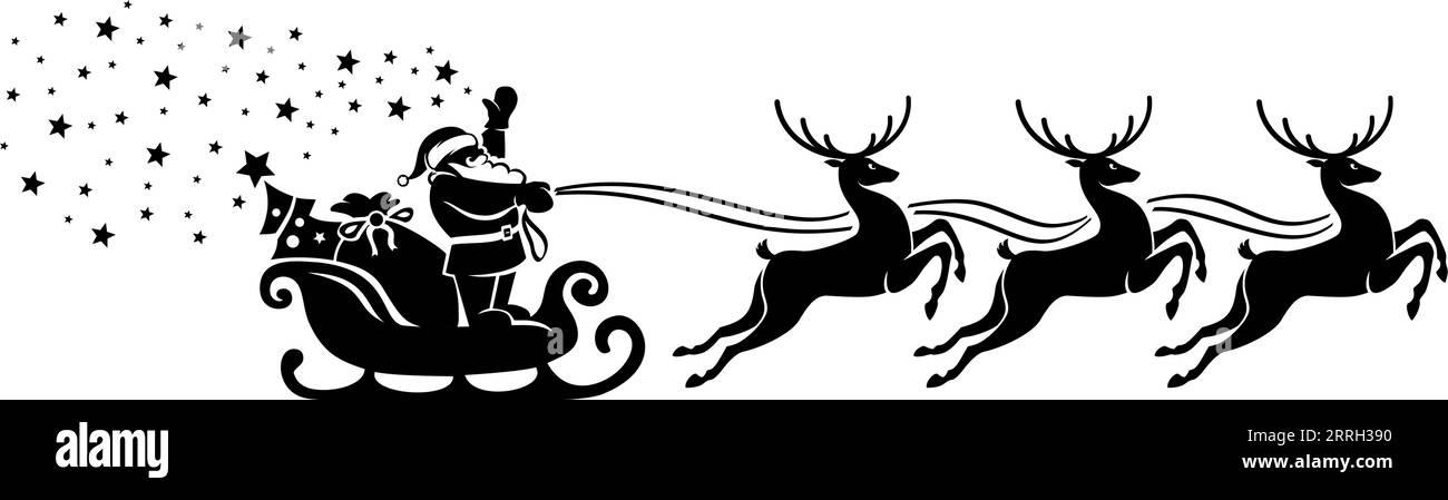 Santa Claus silhouette in sleigh with reindeers full of gifts and  christmas tree. Merry christmas and Happy new year decoration. Vector on transparen Stock Vector