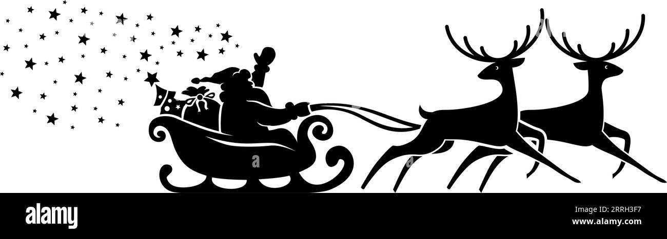 Silhouette of Santa Claus riding in a sleigh with a Christmas tree and gifts pulled by reindeer and scatters holiday stars. Vector on transparent back Stock Vector