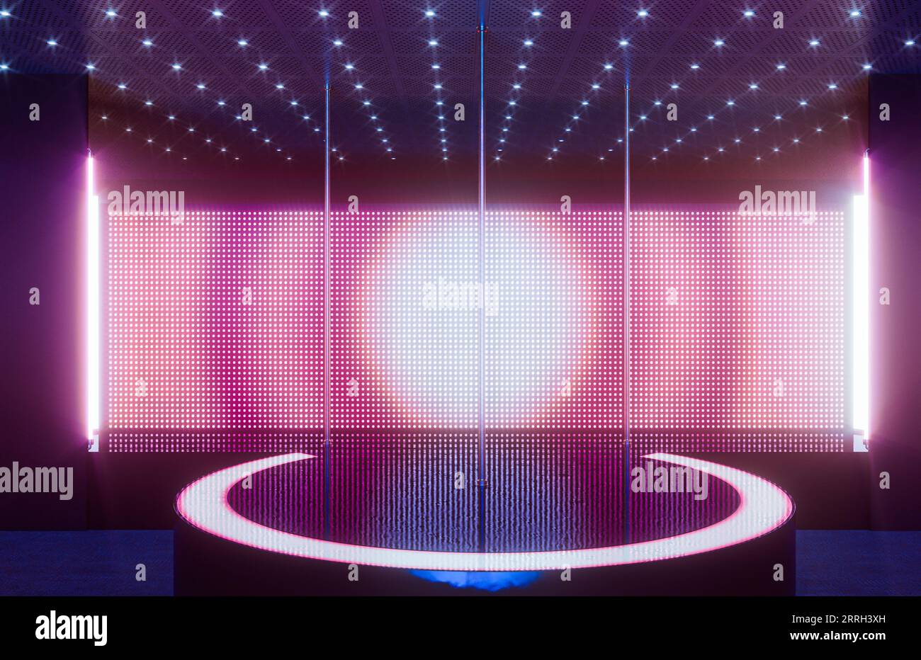 An empty strip club dancing stage with three poles and an illuminated LED screen backdrop - 3D render Stock Photo