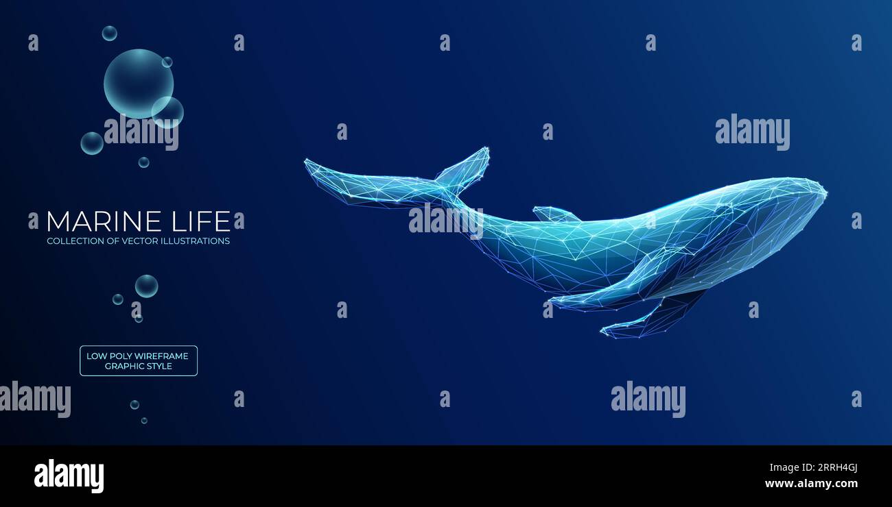 Abstract blue whale in polygons on technology blue background.  Stock Vector