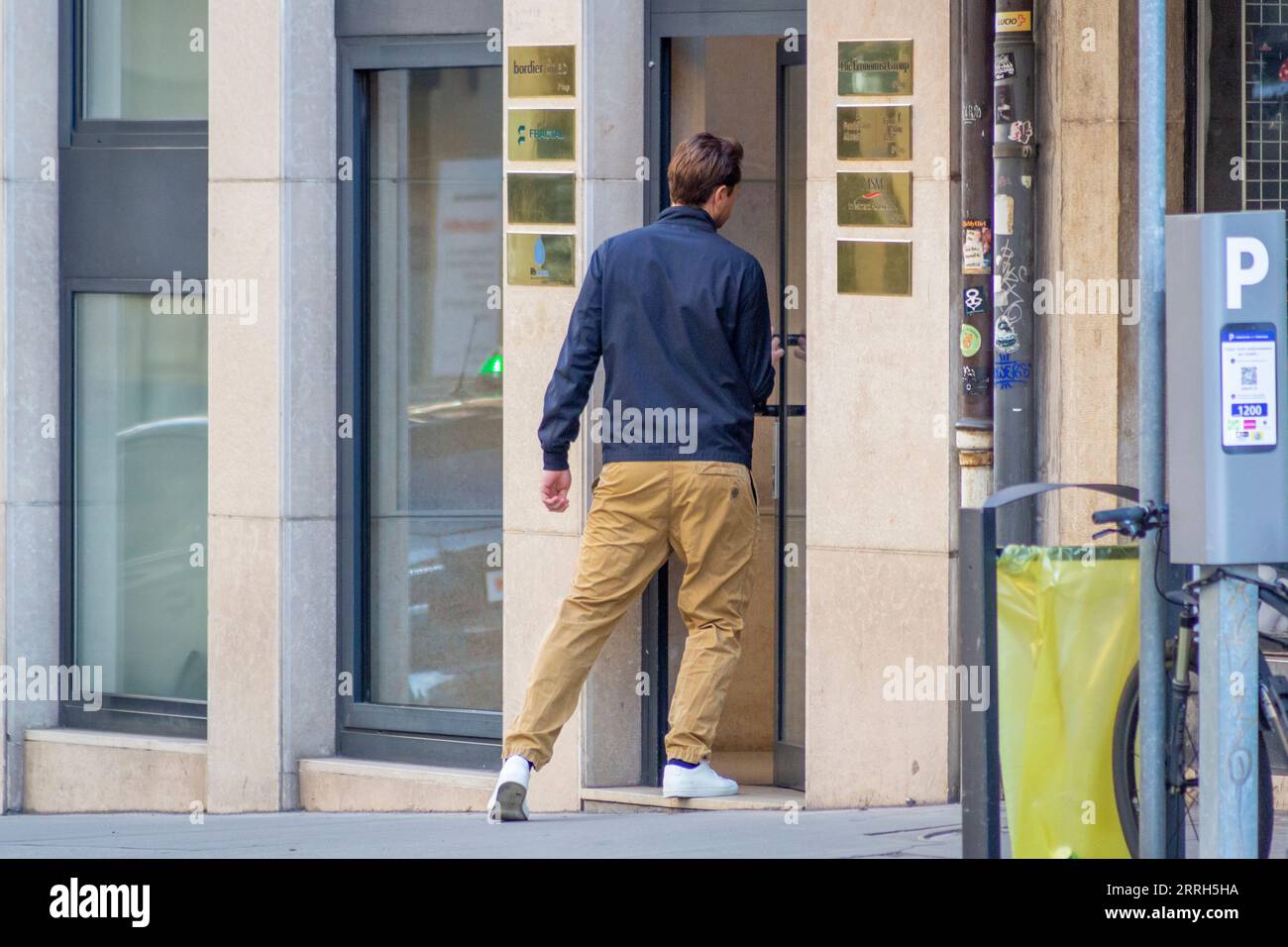 Ghost ships: The Chief Strategic Officer in Fractal Shipping arrives to the office building. Geneva based Fractal Shipping owns or operate an ever expanding fleet of crude oil tankers that make lots of port calls in Russia and subsequently transfer oil to other ships in the Gulf of Lakonikos in Greece. Stock Photo