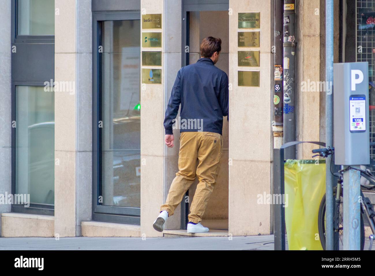 Ghost ships: The Chief Strategic Officer in Fractal Shipping arrives to the office building. Geneva based Fractal Shipping owns or operate an ever expanding fleet of crude oil tankers that make lots of port calls in Russia and subsequently transfer oil to other ships in the Gulf of Lakonikos in Greece. Stock Photo