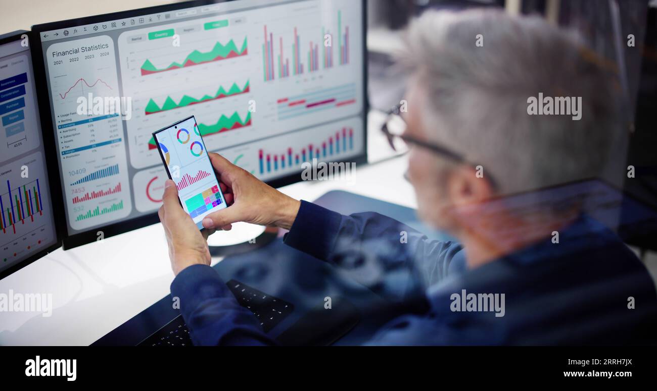 KPI Business Analytics Data Dashboard. Analyst Using Computer Stock Photo