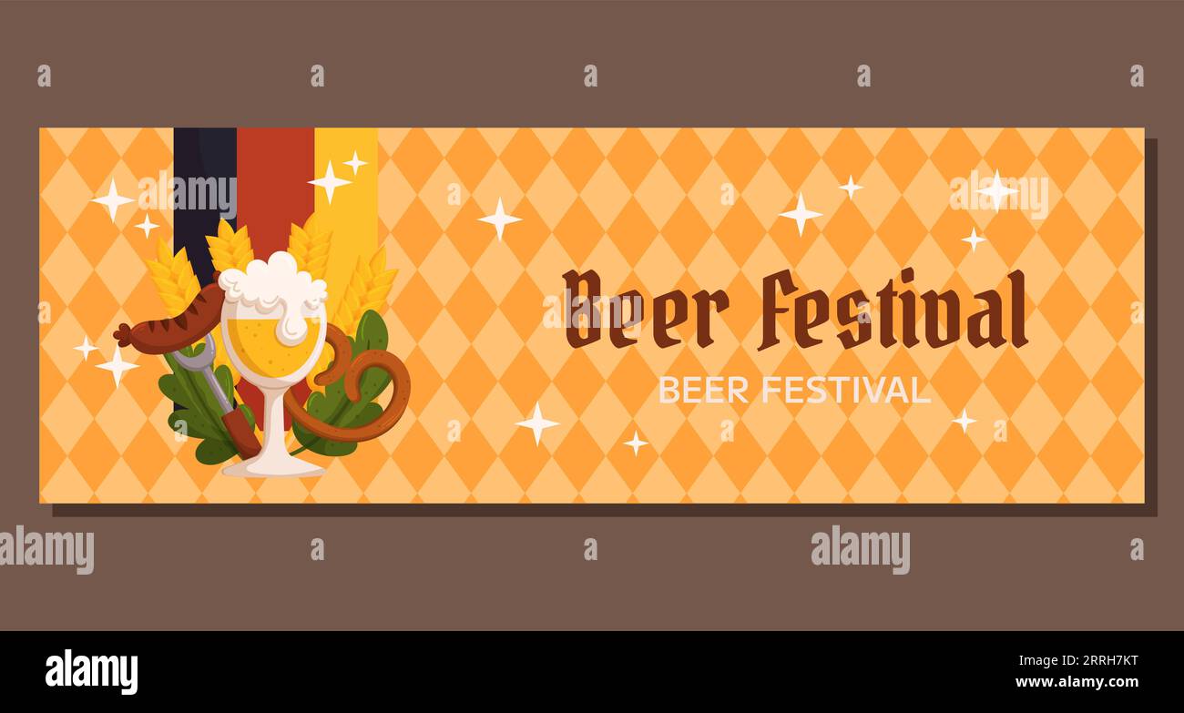 Beer festival horizontal banner template. Design with glass of beer, fork with grilled sausage, pretzel, wheat and leaves, Germany color flag. Light orange rhombus pattern Stock Vector