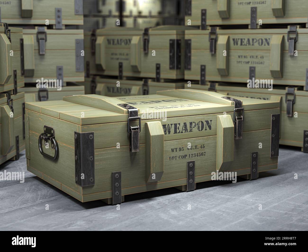 Military wooden crates with weapon and army ammunition in warehouse. 3d
