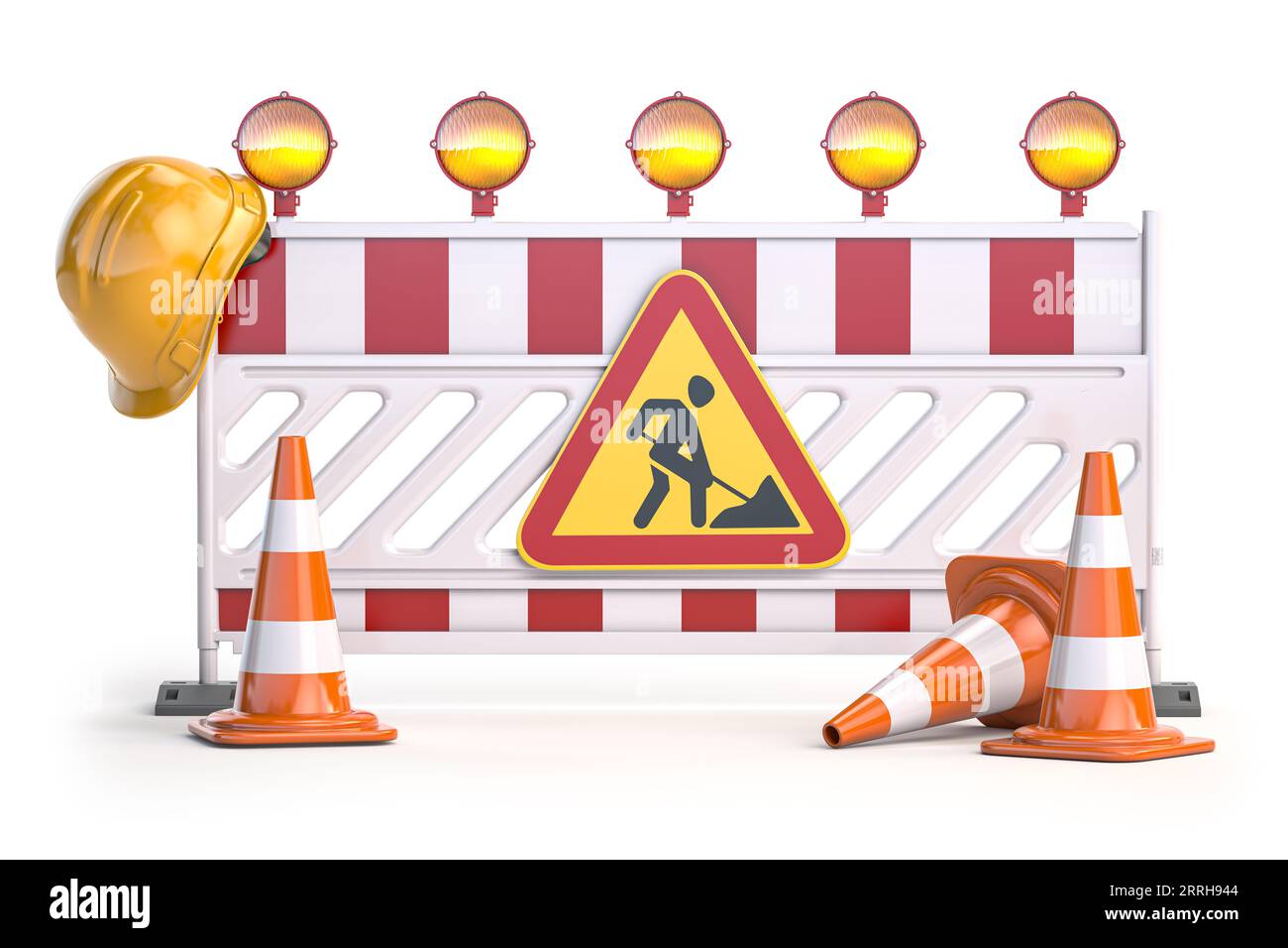 Under construction. Road barrier with trafic signs, cones and hard hat. 3d illustration. Stock Photo