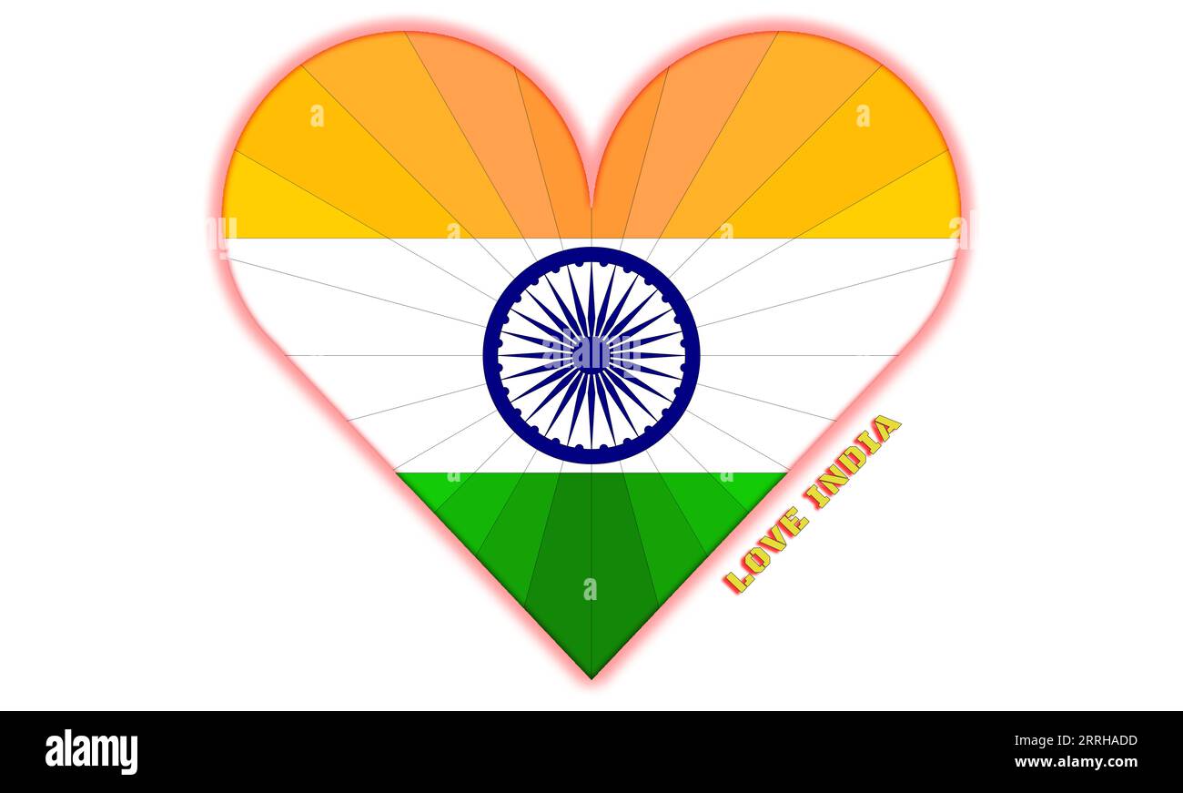 the flag and India in the heart, with the phrase 'love India', representing the love for this nation. Stock Photo