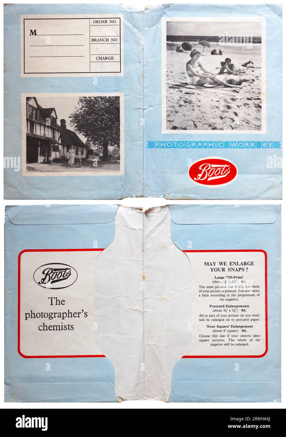 Front and back of a paper photo wallet from Boots, late 1950x or early 1960s, with an encouragement to have Boots enlarge the photos. Stock Photo