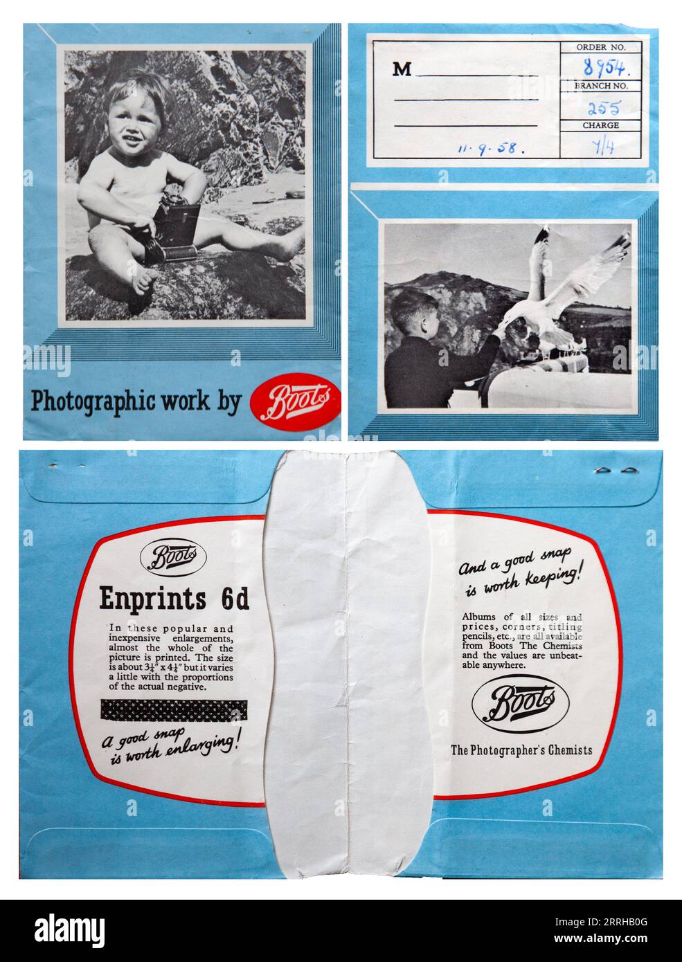 Outside and inside of a paper wallet in which photographic prints were received by a customer of Boots (UK) in 1958. On the inside there are encouragm Stock Photo