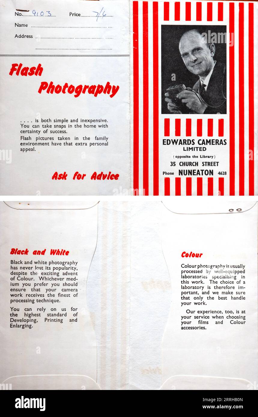 A photo wallet (front and back) from Edwards Canmeras Ltd Nuneaton, featuring encouragement to use flash photography and assurances that they are expe Stock Photo
