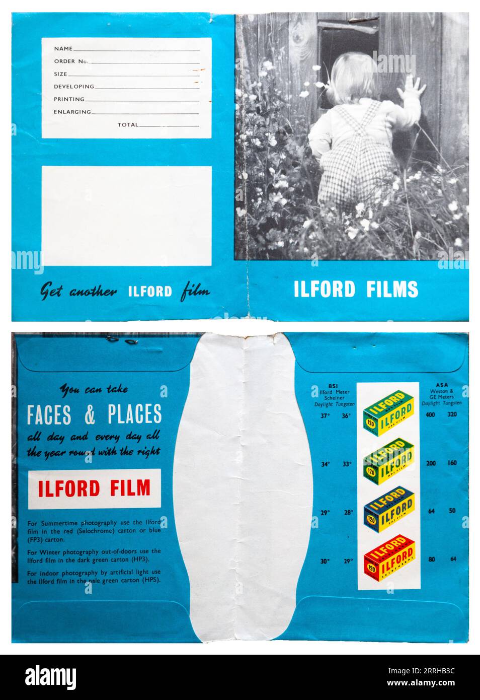 A vintage Ilford Films  photo folder from the 1950s, featuring a promotion for Selochrome, FPE film, HP3 film and HP5 film. Stock Photo
