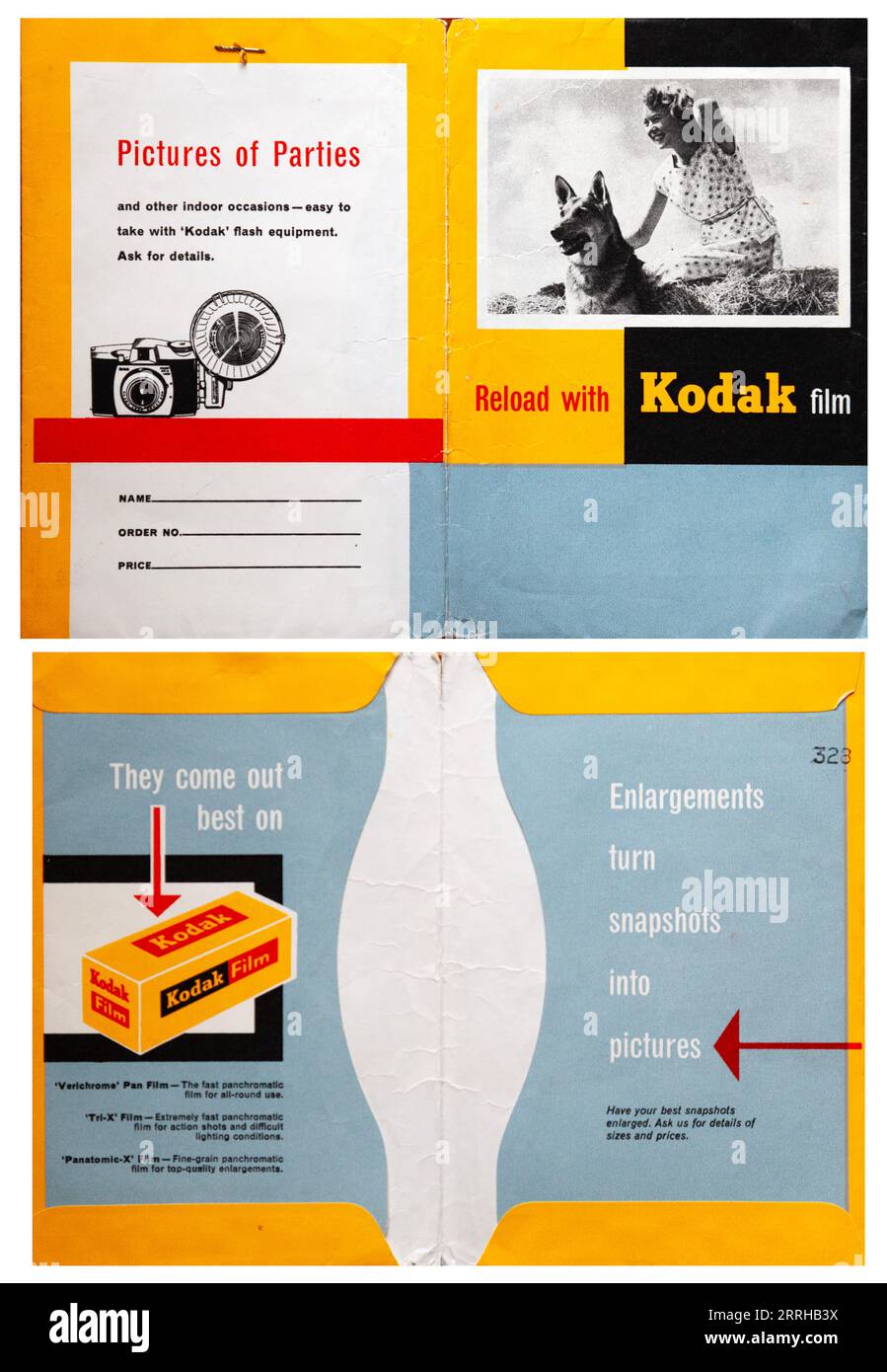 The front and back of a Kodak photo folder from the late 1950s/early 1960s featuring adverts for Kodak flash equipment and Kodak films (Verichrome Pan Stock Photo