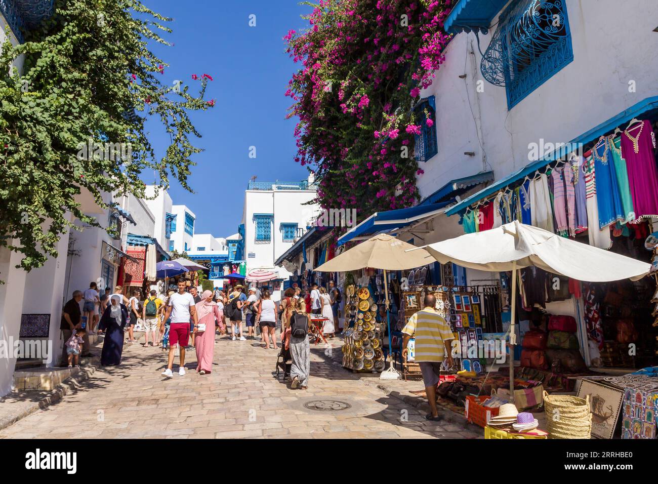 Sidi Bou Said, Carthage, Tunisia - 27 August, 2022: People walking in
