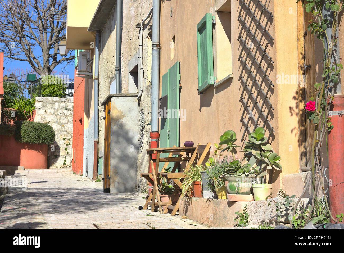 Street in the center of Falicon, South of France Stock Photo