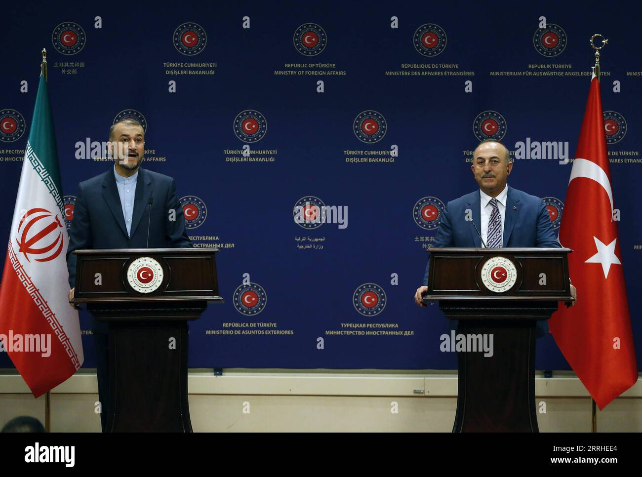 220627 -- ANKARA, June 27, 2022 -- Turkish Foreign Minister Mevlut Cavusoglu R and Iranian Foreign Minister Hossein Amir-Abdollahian attend a joint press conference in Ankara, Turkey, on June 27, 2022. Turkey is against the unilateral sanctions on Iran, Turkish Foreign Minister Mevlut Cavusoglu said on Monday, voicing hopes for the nuclear deal to be restored. Photo by /Xinhua TURKEY-ANKARA-IRAN-FM-VISIT MustafaxKaya PUBLICATIONxNOTxINxCHN Stock Photo