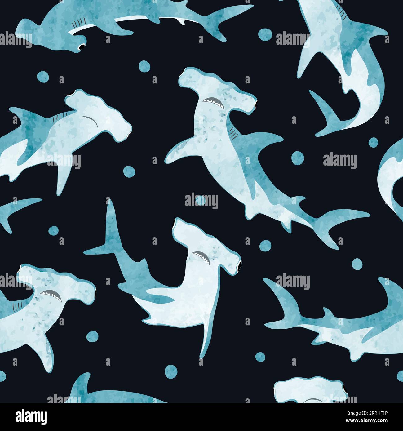 Seamless watercolor hammerhead shark pattern. Stock Vector