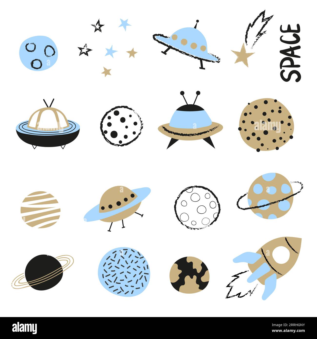 Cartoon space set. Vector illustration of rocket, UFO spaceships and ...