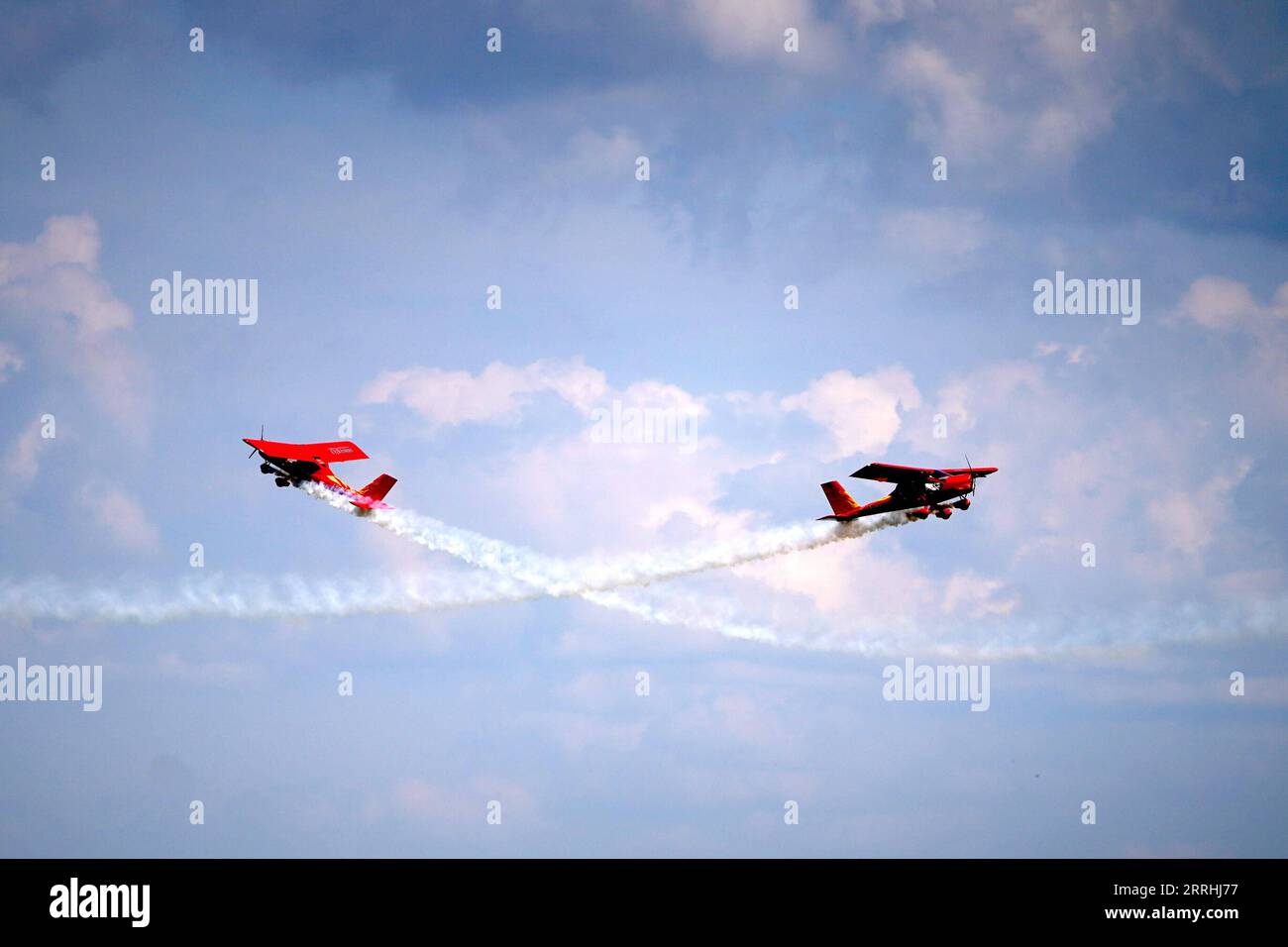 220702 -- LIMBAZI LATVIA, July 2, 2022 -- Aeroprakt aircraft perform during an acrobatic display at the Fly in Limbazi air show in Limbazi, Latvia, on July 2, 2022. Photo by /Xinhua LATVIA-LIMBAZI-AIR SHOW Janis PUBLICATIONxNOTxINxCHN Stock Photo