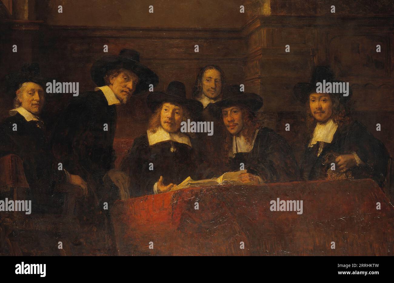 Staalmeesters. After Rembrandt, from 1876 until 1877.Sampling Officials (Dutch: De Staalmeesters), also called Syndics of the Drapers&#x2019; Guild (Dutch: De waardijns van het Amsterdamse lakenbereidersgilde), Stock Photo