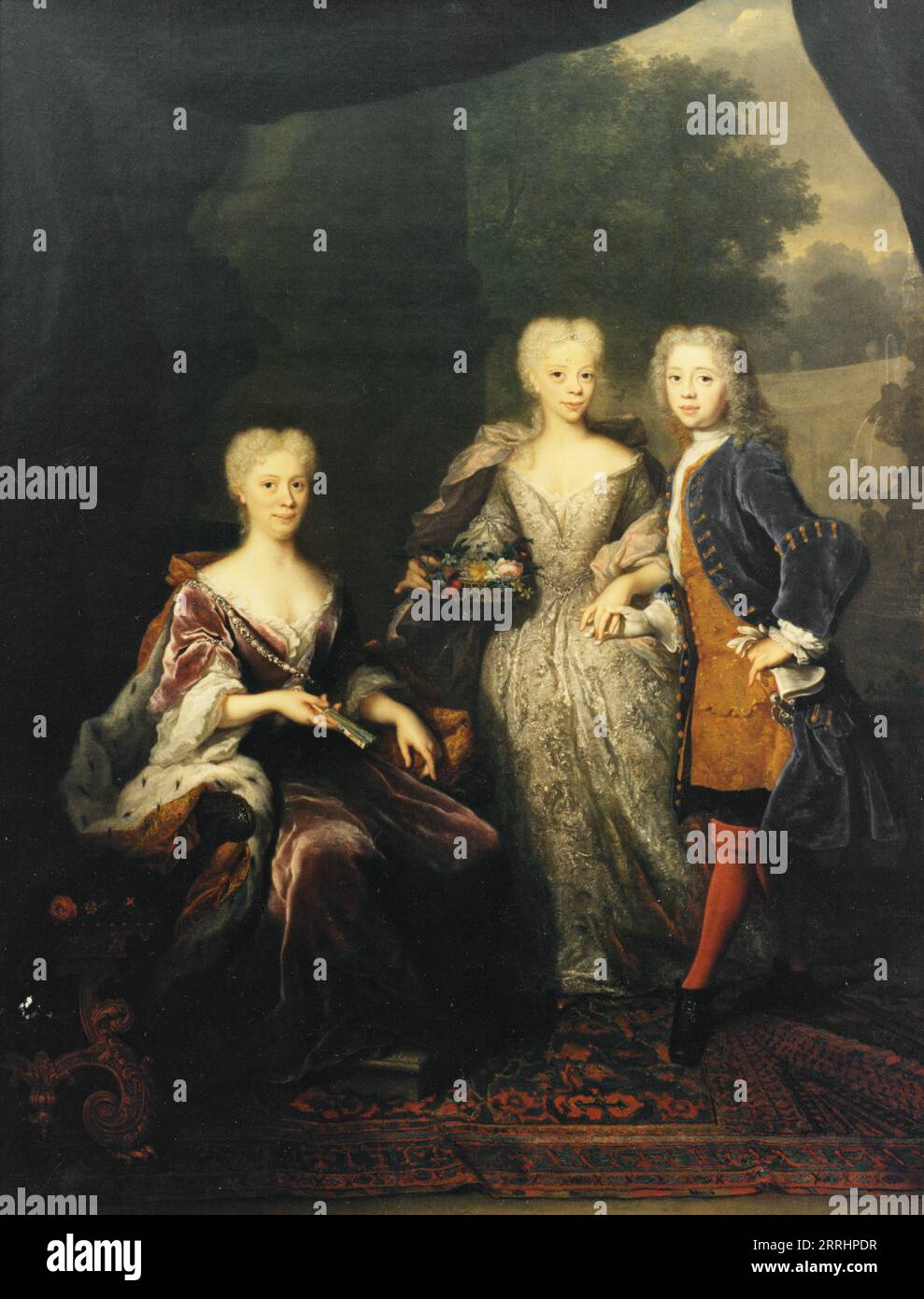Marie Louise , 1688-1765, Princess of Hesse-Kassel, married to John William Friso of Nassau-Dietz and of Orange, with her children Anne Charlotte Amelie and Willem Karel Hendrik Friso, 1726. Stock Photo