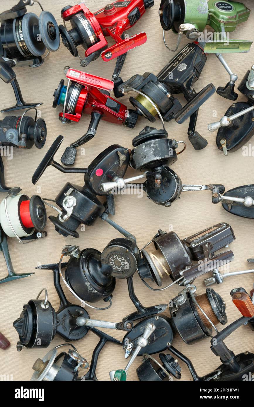 Old antique fishing equipment displayed at the Bass Pro Shop retail store  Items include bobbers reels and fishing tackle box Stock Photo - Alamy